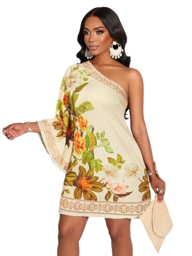Image of KATECLO Women's One-Shoulder Boho Mini Dress - Asymmetrical Sleeve Floral Print Summer Shift Dress with Border Trim