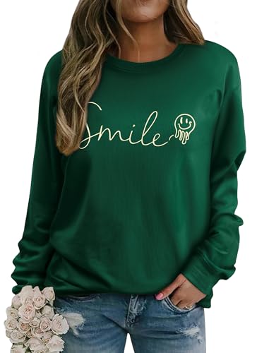 WIEIYM Women's Sweatshirts Smile Sweatshirt Cotton Graphic Crewneck Sweatshirt Funny Long Sleeve Tops Basic Pullover for Spring Autumn Winter Dark Green