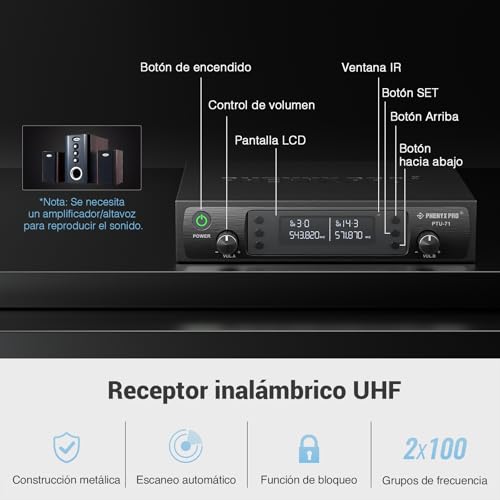 Miniatura 3 de Phenyx Pro Sistema De Micrófono Inalámbrico, Micrófonos Inalámbricos Duales, 2x100 Canales Uhf Ajustables, Escaneo Automático, Alcance De 328ft, Micrófono Para Cantar, Karaoke, Iglesia Ptu-71a