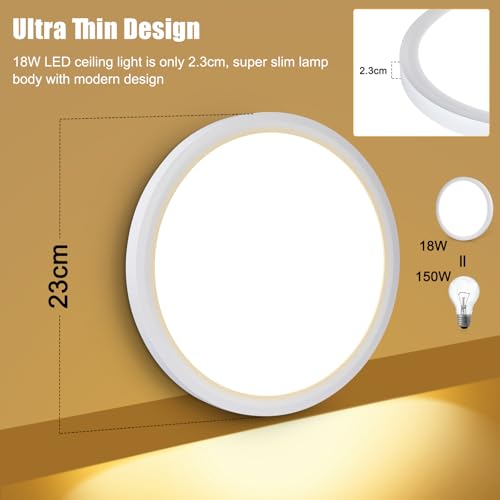 Befurglor 18W LED Ceiling Lights,2000LM Warm White 3000K Round Bathroom Lights diameter 23cm White,Waterproof IP44,150W Equivalent,Flush Ceiling Light for Living Room,Bedroom - Image 2