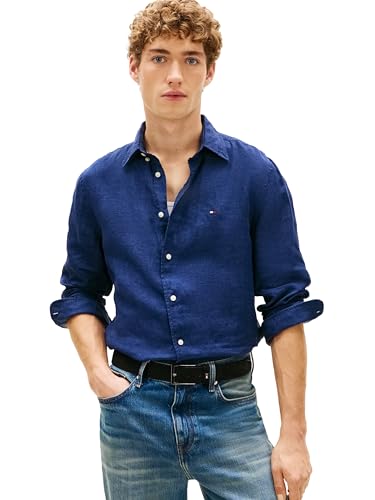 Tommy Hilfiger Men's Pigment Dyed Linen Regular Long Sleeve Shirts, Carbon Navy X-Large
