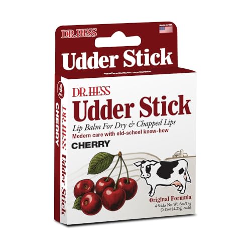 Dr. Hess Original Udder Stick SPF Lip Balm, Soothing Moisturizer Sun Screen Balm for Dry Lips with Jojoba, Beeswax & Shea Butter, Total Lip Care, Hydration & Repair, Cherry Flavor, 4 Pack