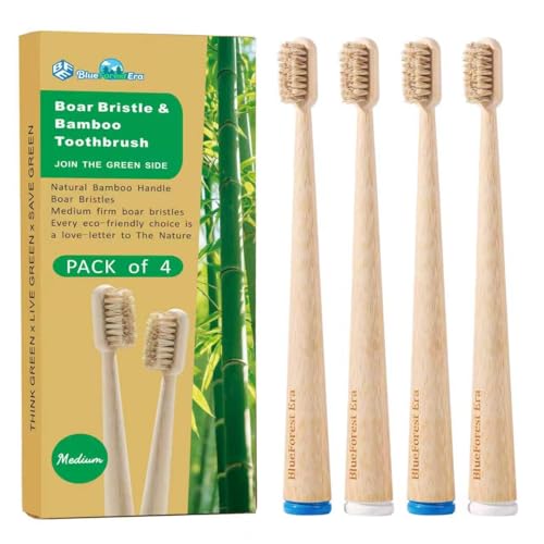 BlueForest Era Boar Bristle Toothbrush, Natural Bamboo Toothbrushes, Organic Wooden Toothbrush Non Toxic, Plasstic Free Bamboo Toothbrush Soft, All Natural Bristles Toothbrushes for Adults