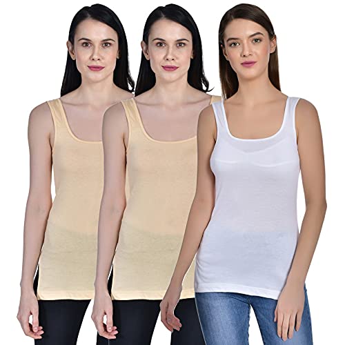 Image of Women's Regular Fit Sleeveless Cotton Long Camisole Slip Spaghetti Combo Pack of 3