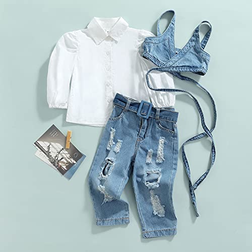 Wallarenear Toddler Baby Girl Long Sleeve Button Up Lapel Shirt + Denim Halter Crop Tops + Ripped Jeans Clothing Sets (White Blue, 2-3 Years) #TOP2