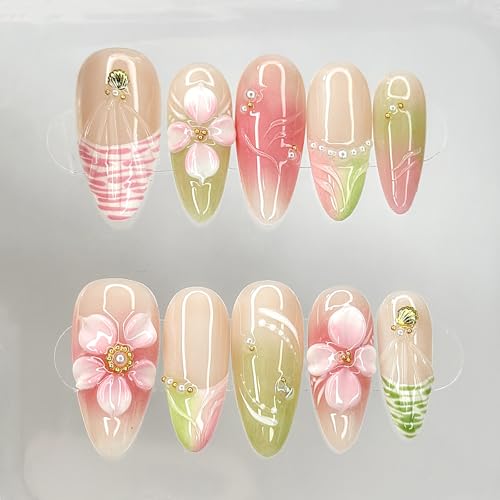 Luxury Press on Nails Medium Almond French Tip Handmade 3D
