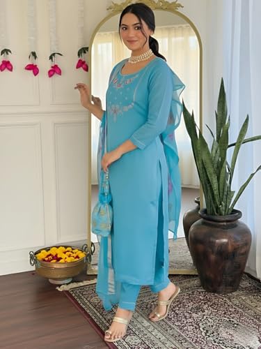 Image of Naixa Women's Viscose Embroidered Straight Kurta with Pant and Dupatta Sets (Available in Plus Size) (NX-665)