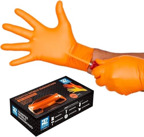 RZ TOOLS GUANTES de NITRILO DIAMANTADO naranjas - Los guantes de nitrilo MÁS RESISTENTES del mercado - SIN LÁTEX - REUTILIZABLES (Talla XL Pack 100-7 micras)