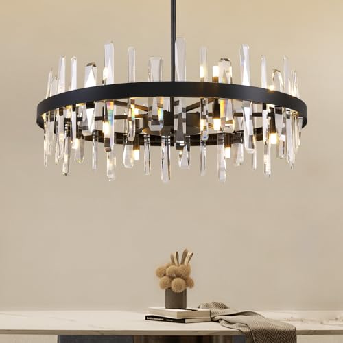 APBEAMLighting Modern Crystal Chandeliers Large for Dining Room, 12 Lights Round Black Chandelier 2-Tier Light Fixture Ceiling Hanging Lighting for Living Room Kitchen Island Entryway Foyer 31.5 Inch