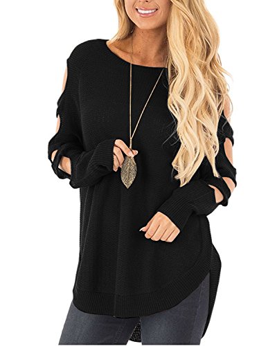 Ferbia Ladder Cut out Long Sleeve Knit Sweater Solid Jumper for Women