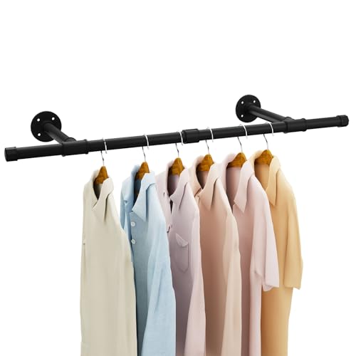IBUYKE 94cm Kleiderstange Wandmontage, Metall Industrierohr Garderobenstange Wandmontage mit 50kg Tragfähigkeit, Abnehmbare Platzsparend Wand Kleiderständer für Zuhause, Schwarz TYJ006H