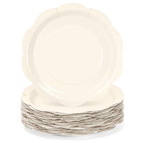 50Pcs Ivory Paper Plates 7 Inch Scalloped Party Plates for Birthday Wedding