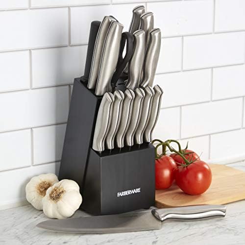 Farberware 15-Piece Stamped Stainless Steel Knife Block Set, High-Carbon Stainless Steel Kitchen Knife Set with Ergonomic Handles, Razor-Sharp Knives with Wood Block, 15-Piece, Black 2