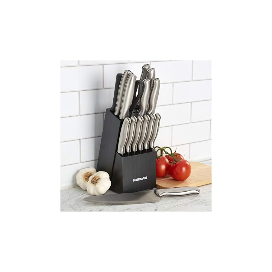 Farberware-15-Piece-Stamped-Stainless-Steel-Knife-Block-Set-High-Carbon-Stainless-Steel-Kitchen-Knife-Set-with-Ergonomic-Handles-Razor-Sharp-Knives-with-Wood-Block-15-Piece-Black-2 Farberware 15-Piece Stamped Stainless Steel Knife Block Set, High-Carbon Stainless Steel Kitchen Knife Set with Ergonomic Handles, Razor-Sharp Knives with Wood Block, 15-Piece, Black 2
