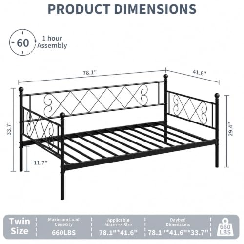 Image of Garvee Daybed with Pull Out Trundle, Metal Sofa Bed Frame with Heart Headboard, Steel Slat Support, No Box Spring Needed, Guest Bed for Bedroom, Living Room