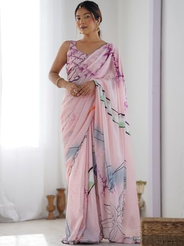 Image of Panzora Women's Chinon Printed Saree With Unstitched Blouse Piece