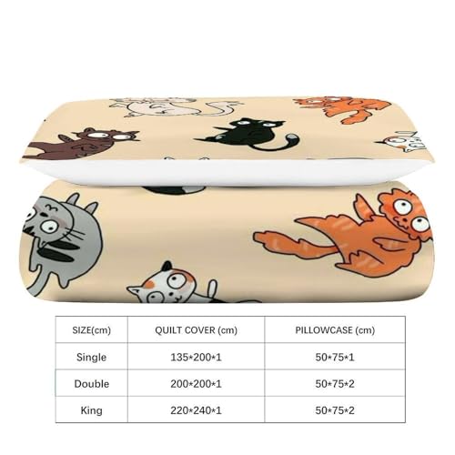 Parure de couette chat 2 pièces en microfibre 135x200cm pour lit simple