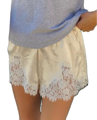 KMBANGI Women Lace Trim Satin Shorts Elastic Waist Lace Patchwork Silk French Knickers Coquette Pj Shorts Slip Bottoms