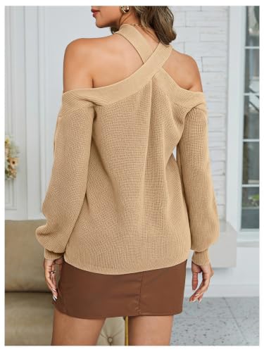 Image of MakeMeChic Women's Off The Shoulder Sweater Halter Criss Cross Pullover | Cozy, Knitted, Sweaters Tops, Long Sleeve, Fall Outfits, Winter Sweaters, Party, Knit Tops