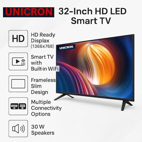 Image of UNICRON 32 inch smart tv Android Frameless Smart LED TV HD Ready Built-in WiFi | HDMI & USB Connectivity | Built-in Apps Compatible,YouTube, Netflix, Prime Video More (Black)