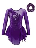 Alvivi Vestido Baile de Patinaje Artistico Niña Brillantes Maillot con Falda Gimnasia Rítmica de Manga Larga con Diadema Traje Patinaje Competición Niña Morado 7-8 años