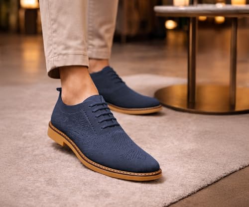 Image of Kraasa Men's Casual Sneaker Lace-Up Oxford Shoes | Breathable Knit Upper | Lightweight & Comfortable | Stylish Brown Sole | Office