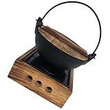 FONDOTIN Japanischer Gusseisen Sukiyaki Topf Klein mit Holzständer und Hängegestell Shabu Nabemono Kochgeschirr für Offene Flamme und Picknick