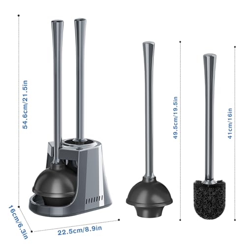 Image of LOVLOY Toilet Plunger and Brush with Holder, Bowl Brush and Heavy Duty Toilet Plunger Set with Ventilated Holder, 2-in-1 Toilet Brush and Plunger Combo for 5.3-inch Toilet Drain New Pack (Grey, 1)