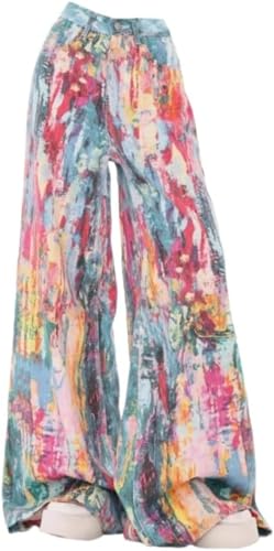 Jeans Amples pour Femmes Street Beat Hip hop Vintage Peint à l'encre Splash Peinture à l'huile tonifiant Style Art Pantalon Ample Streetwear (Couleur,TG)