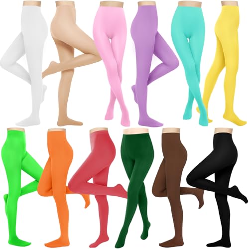 Jeere 12 Pairs Solid Color Opaque Tight Colorful Style 80d Women's Soft High Waist Footed Leggings for Summer(Large,Pastel Color)