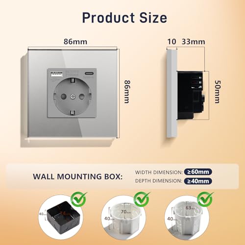 BSEED USB Steckdose Grau Schuko Steckdose mit USB Anschluss (Max. 2.1A) Typ C Port Unterputz Steckdose Glas Schutzkontakt-Steckdose Ladeger&auml;t f&uuml;r Handys, Laptops etc