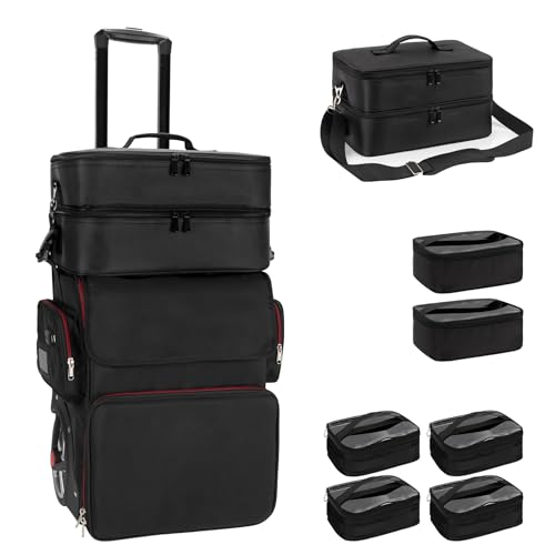 Large Makeup Train Case with Makeup Travel Bag and 4 Clear Makeup Bags for Hairstylist, Hairdresser Bag with Detachable Pouch,Heat Insulation Anti-scalding for Hairdressing Organizer Big wheels