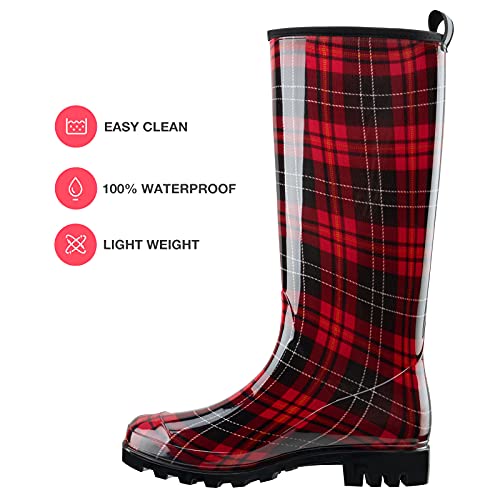 Hisea Women's Rain Boots Waterproof Garden Shoes Colorful Printed Knee High Rain Shoes Tall Wellies Rainboots For Ladies With Comfort Insole, Size 8 Plaid Red #TOP4