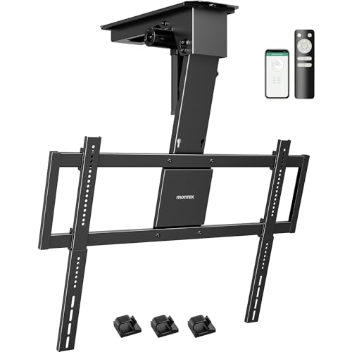 monTEK Motorized Ceiling TV Mount for 37-75 Inch TVs up to 121lbs, Heavy-Duty Electric Flip Down Ceiling Mount, Off-Center TV Compatible, Remote/App/Voice Control, Fits Flat & Pitched Roof