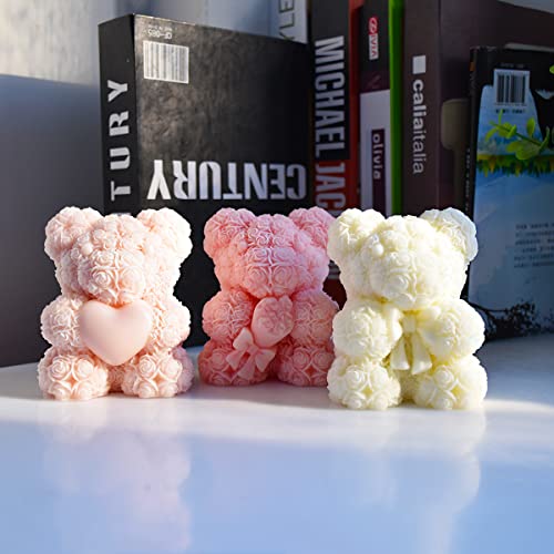 Cestony Valentine's Day Wedding 3D Rose Bear With Rose Candle Silicone Molds For Making Candle Resin Pillar Aromatherapy Candles Wax Soap Flower Specimen Clay Craft #TOP3