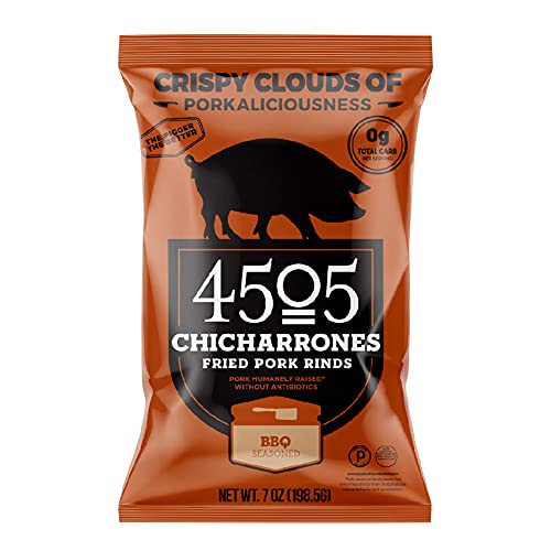 4505 Meats BBQ Seasoned Chicharrones, Fried Pork Rinds, Keto Certified, Family Size Bag, 14 Servings, 7 Ounce