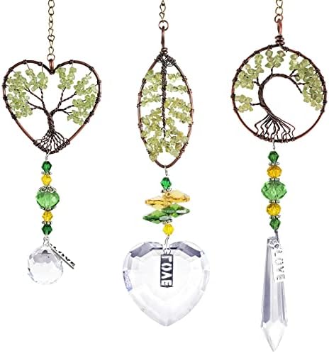 Healing Hanging Ornaments Tree of Life, for Thanksgiving Christmas Day Car Hanging Accessories Yoga, 7-Chakra Crystal Ball Tumbled Palm Stone Party Decor of Good Luck Home Ornaments (LSJ-3 Packs)