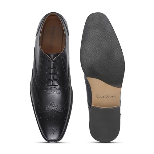 Image of LOUIS STITCH Mens Jade Black Italian Leather Wingtip Brogue Handmade Formal Lace Up Shoe (RXBGJB) - 10 UK