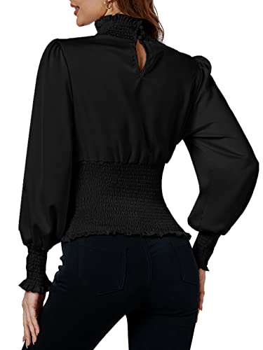 LYANER Women's Shirred Frill Mock Neck Smocked Puff Long Sleeve Blouse Top2