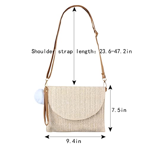 Van Caro Straw Wristlet Clutch Straw Shoulder Bag Straw Crossbody Bag Handwoven Envelope Pompom Purse Beach Bag For Women,Beige #TOP5