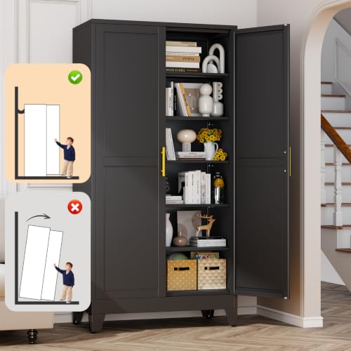 Image of RISRERN Black Metal Storage Cabinet, 79 inch Steel Cabinets for Home Office | Kitchen Pantry Storage Cabinet with Doors, 5 Adjustable Shelves, Metal Pantry Cabinet, for Office, Home, School 40 inch W