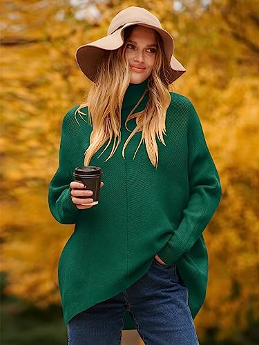 Image of ANRABESS Women's Turtle Neck Long Bat Wing Sleeve Asymmetric High Low Hem Extra Soft Sweater Fall Jumper Pullover A87molv-XS Green