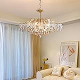 DOCJX Moderner Hängeleuchte Kristall Kronleuchter Gold Pendelleuchte Mit E14 Dimmen Für Wohnzimmer, Schlafzimmer, Esszimmer, Büro Elegante Pendellampe Hochwertige Eisen & Kristall Deckenleuchte(50CM)