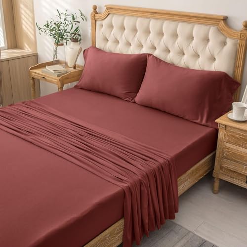 PURE ERA Jersey Knit 4pc Bed Sheet Set 100% T-Shirt Cotton Super Soft Comfy Breathable Fits Mattress Up to 20" Extra Deep Pocket (Solid Brick Red, Queen)