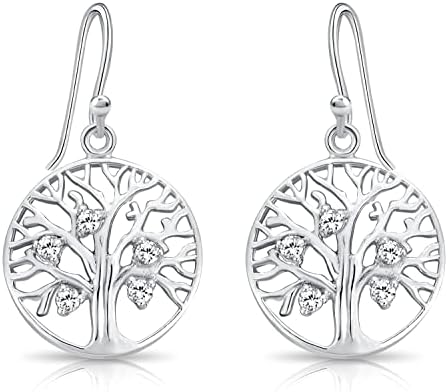 DTPsilver® 925 Sterling Silver, Yellow or Rose Gold Plated Drop/Dangle Hook Tree of Life & Cubic Zirconia CZ Earrings - Diameter: 17 mm - Dimensions: 17 x 32 mm