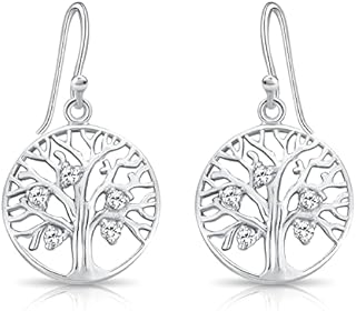 DTPsilver® 925 Sterling Silver, Yellow or Rose Gold Plated Drop/Dangle Hook Tree of Life & Cubic Zirconia CZ Earrings - Diameter: 17 mm - Dimensions: 17 x 32 mm
