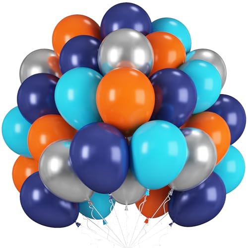 Image of Blue Orange Balloons, 12 Inch Teal Navy Bule Balloons with Metallic Silver Balloon for Kids Boys Girls Birthday Thanksgiving Fall Graduation Basketball Outer Space Astronaut Theme Party Decorations