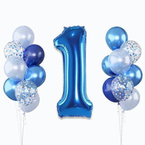 Image of Dark Blue Number 1 Balloon 40 Inch, Large Balloon 1 with Metallic Light Navy Blue Silver Confetti Balloon, Self Inflating Helium Foil One Balloons for Boys 1st Birthday Party Baby Shower Decorations
