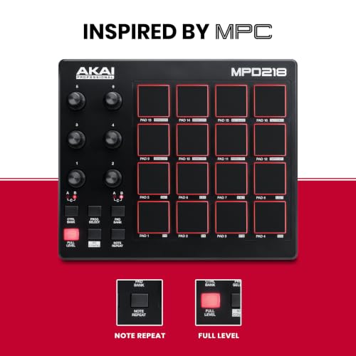 Image of Akai Professional MPD218 - USB MIDI Controller with 16 MPC Drum Pads, 6 Assignable Knobs, Note Repeat and Full Level Buttons and Production Software