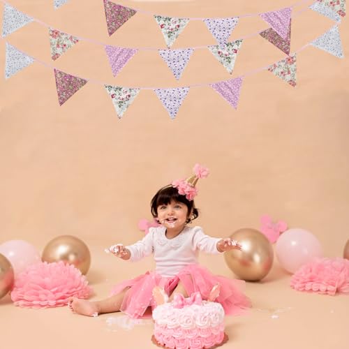 Image of Zwiebeco 32Ft Pink Purple Rustic Floral Fabric Pennant Banner Triangle Flags Cotton Retro Flowers Bunting Party Decorations for Birthday Engagement Wedding Spring Vintage Village Home Garden Decor